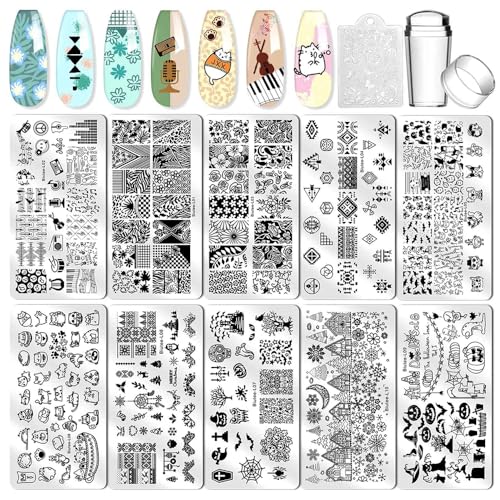 Biutee Nail Stamping Plates 10pcs Templates with Stamper Nail Stamper Nail Art Plates Kits Nail Plates Template Plates Leaves Flowers Animal Holiday Design