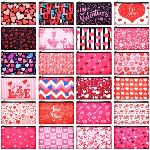 Abbylike 24 Pcs Valentines Day Gifts Bulk Valentines Makeup Bags for Women Cosmetic Bags Toiletry Zipper Pouch Valentine's Day Party Favors for Her(Stylish Style)