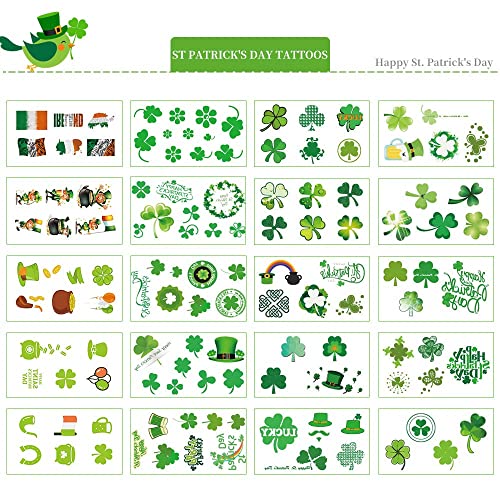 St. Patrick's Day Temporary Tattoos, 20 Sheets Shamrock Design