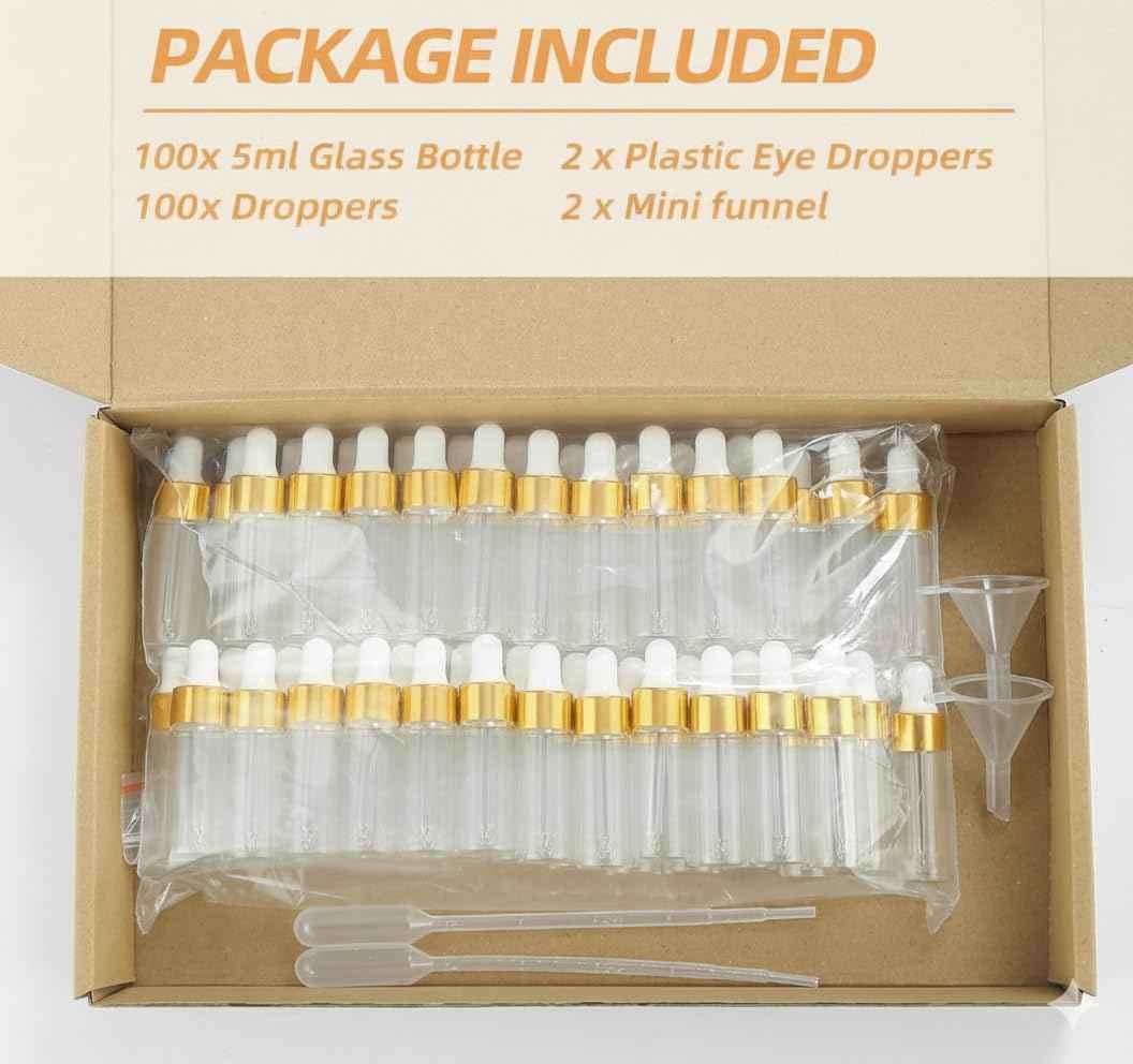 Parfumlism Mini Oil Bottles 5ml – 100pcs Golden Collar Glass Dropper Bottles for Liquid Storage, Sample Distribution, Business Gifts, Beauty Products, and Travel Use
