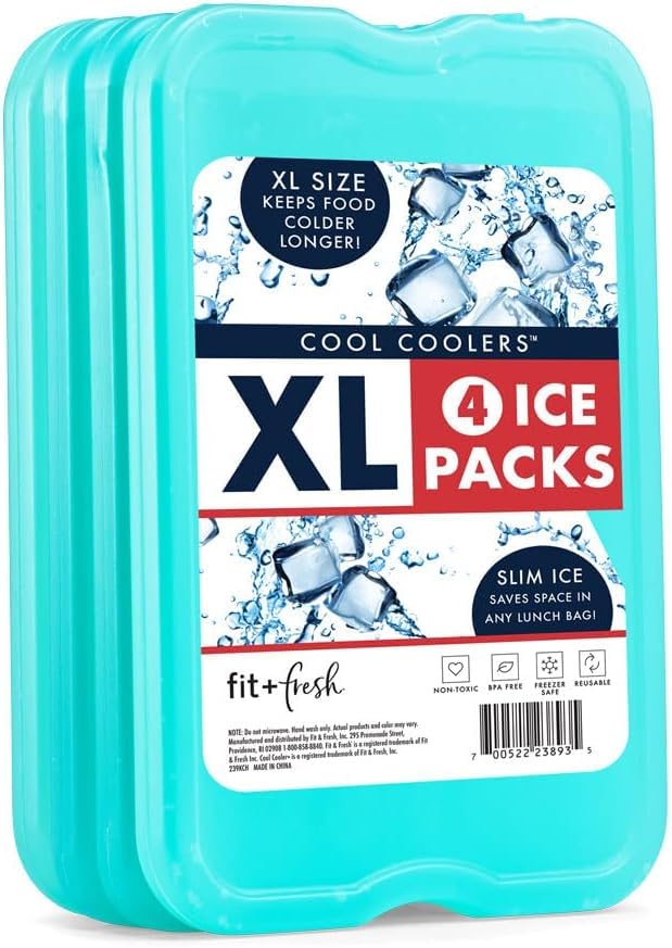 Cool Coolers by Fit & Fresh 4 Pack XL Slim Ice Packs, Quick Freeze Space Saving Reusable Ice Packs for Lunch Boxes or Coolers, Green