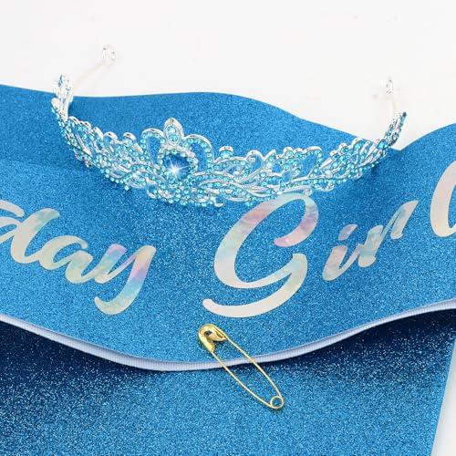 Blue Princess Birthday Sash and Tiara Set for Girls Women - Party Decorations Gift