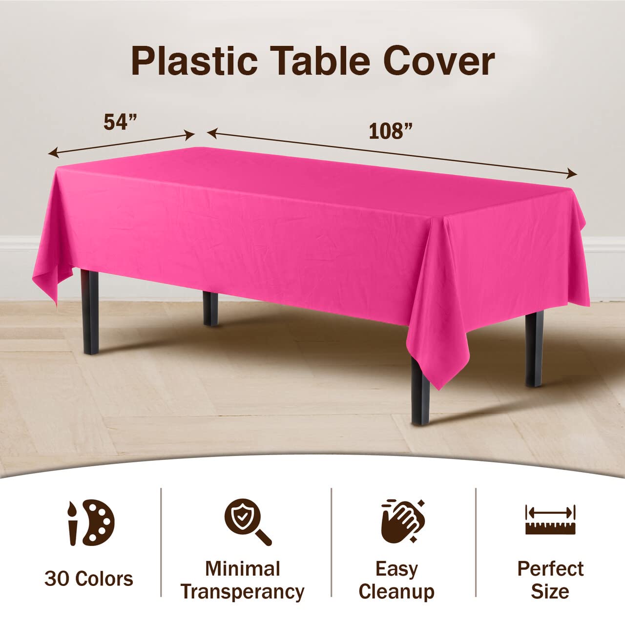 Exquisite 6-Pack Premium Plastic Tablecloth 54in. x 108in. Rectangle Plastic Table Cover - Cerise