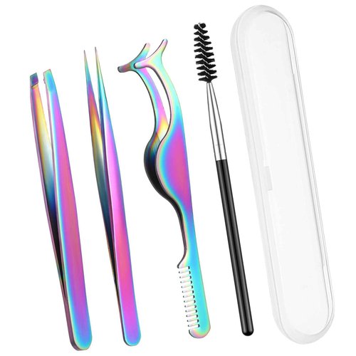 Baderke 5 Pcs Lash Applicator Tool Set Lash Tweezers for DIY Individual Lash Clusters Application and Removal Straight and Curved Eyelash Extension Tweezers with Storage Box and Eyebrush(Colorful)