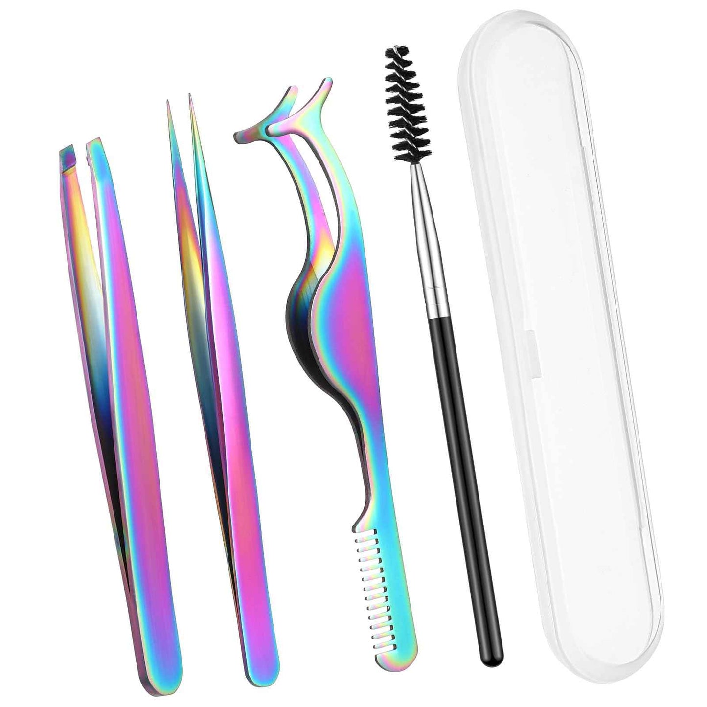 Baderke 5 Pcs Lash Applicator Tool Set Lash Tweezers for DIY Individual Lash Clusters Application and Removal Straight and Curved Eyelash Extension Tweezers with Storage Box and Eyebrush(Colorful)
