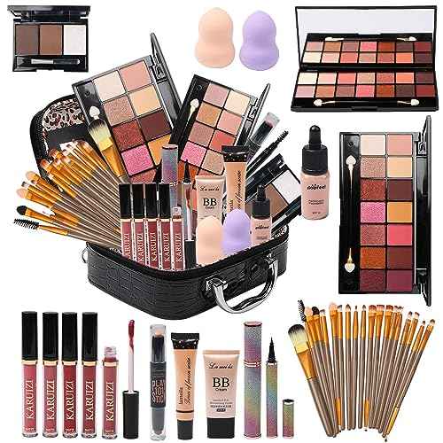 All in One Makeup Kit - 2X14 Eyeshadow Palette, Liquid Foundation, Eyeliner Pencils, Contouring Stick, Lip Gloss, 20Pcs Makeup Brushes (Black)