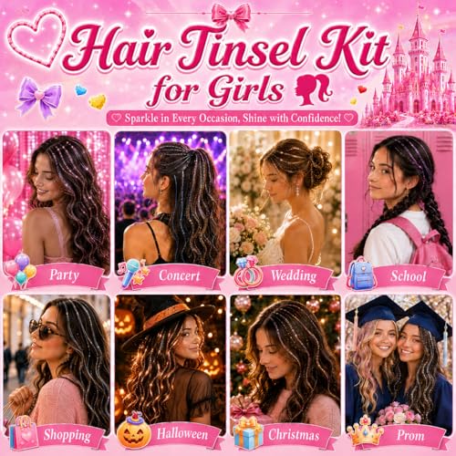 Red Hair Tinsel Kit - 7 Pcs Glitter Extensions for Festivals