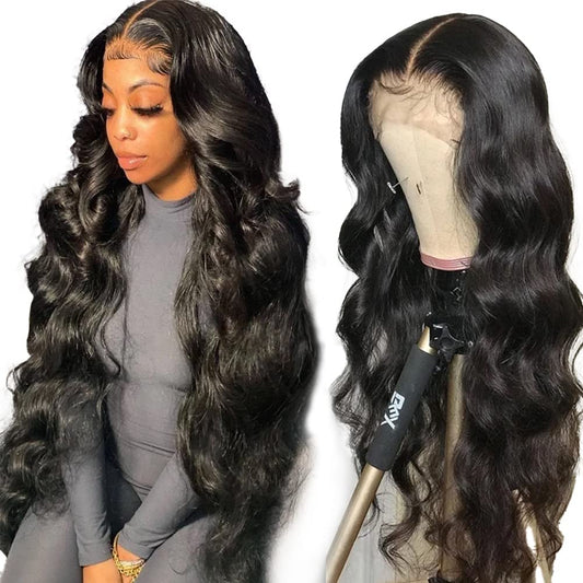 Yamikk 28 inch 13x5 HD Full Lace Front Wigs Human Hair Pre Plucked With Baby Hair 180 Density Body Wave Wigs For Women Natural Frontal Wig