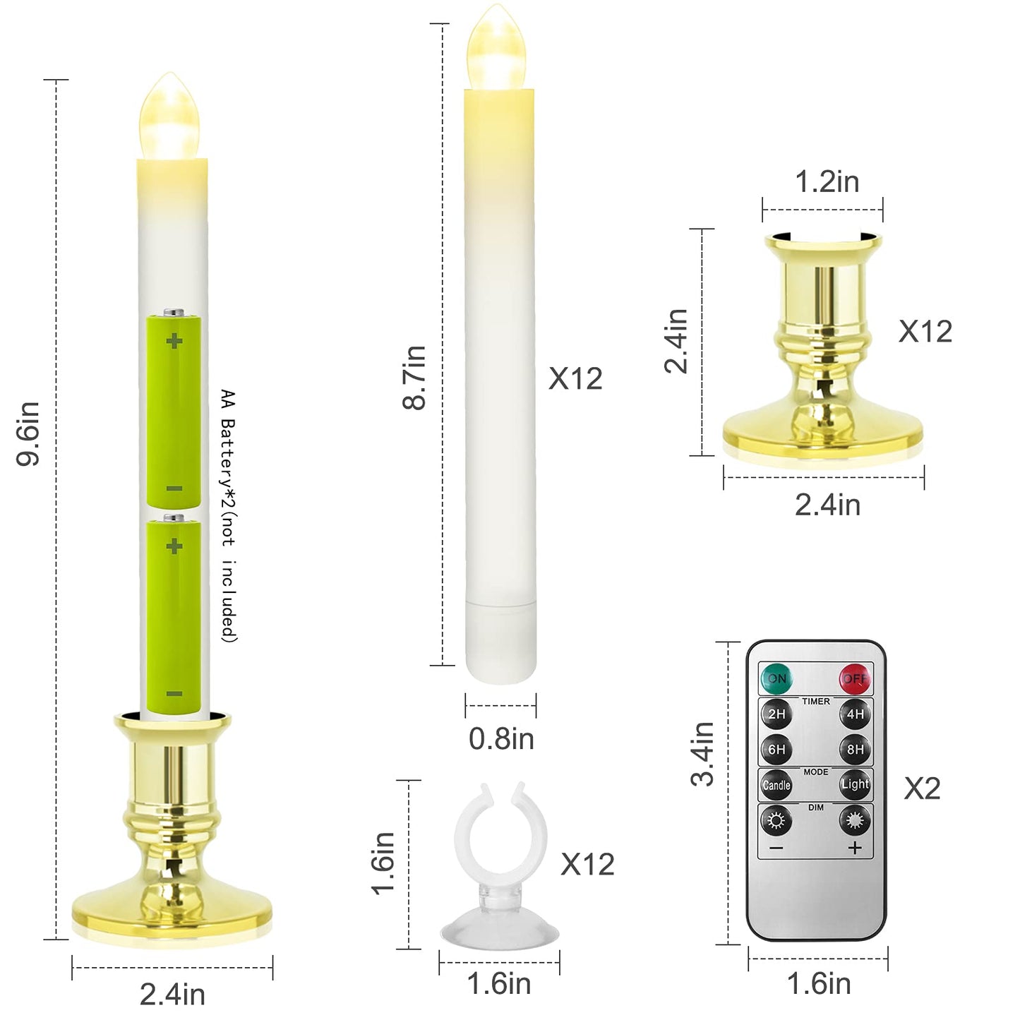 Koncifun Window Candles 12 Pack Battery Operated Candles with Timer Flameless Candles Battery Candles with 2 Remote Controls Christmas Window Lights Golden Flickering Candles for Christmas Decorations