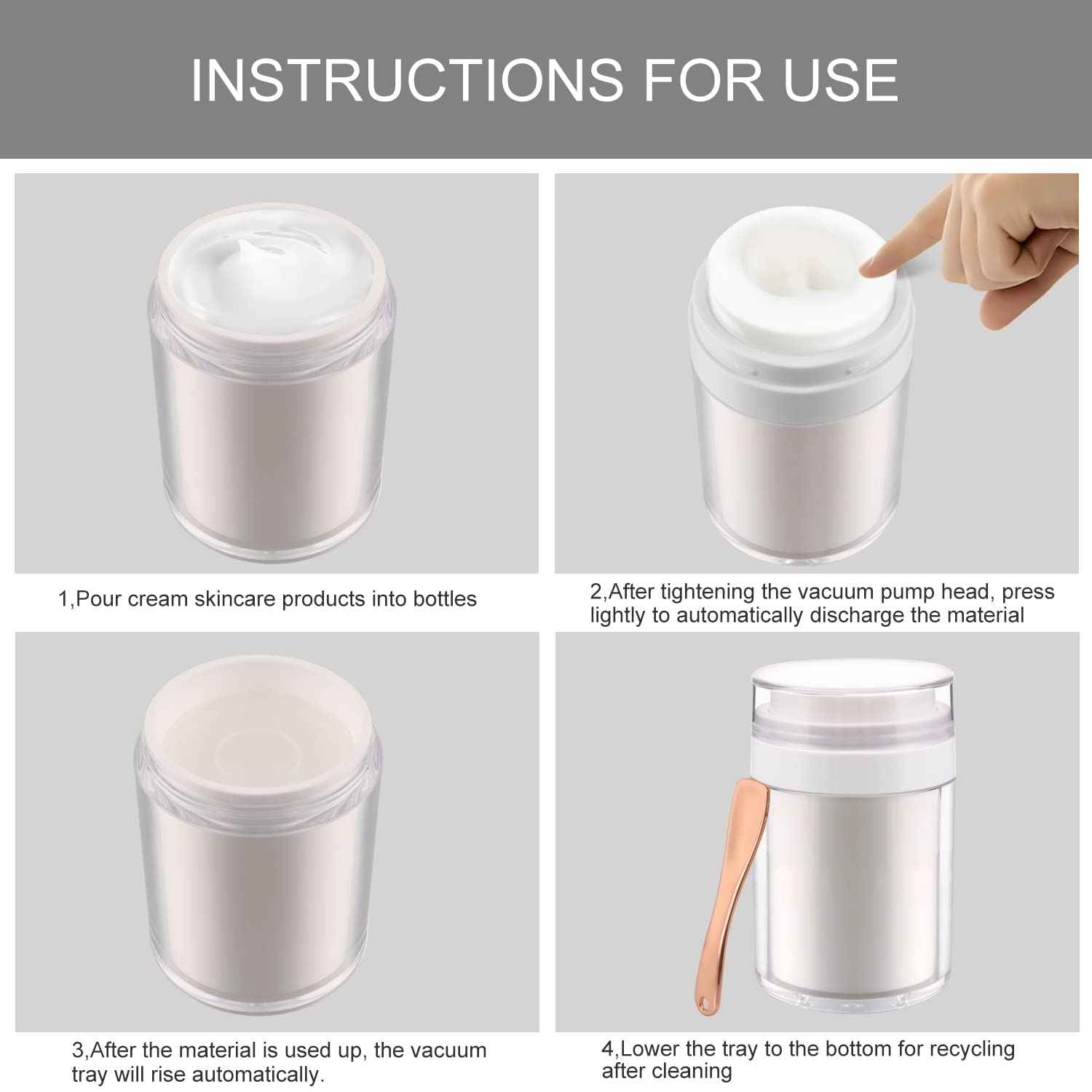 USRommaner 2 Pack 3.34 oz Airless Pump Jar,Empty Acrylic Vacuum Jar with Press Pump,Portable Travel Face Cream Lotion Container Pot for Makeup,Essence,Moisturizer,Eye Cream,Gel-Big,White