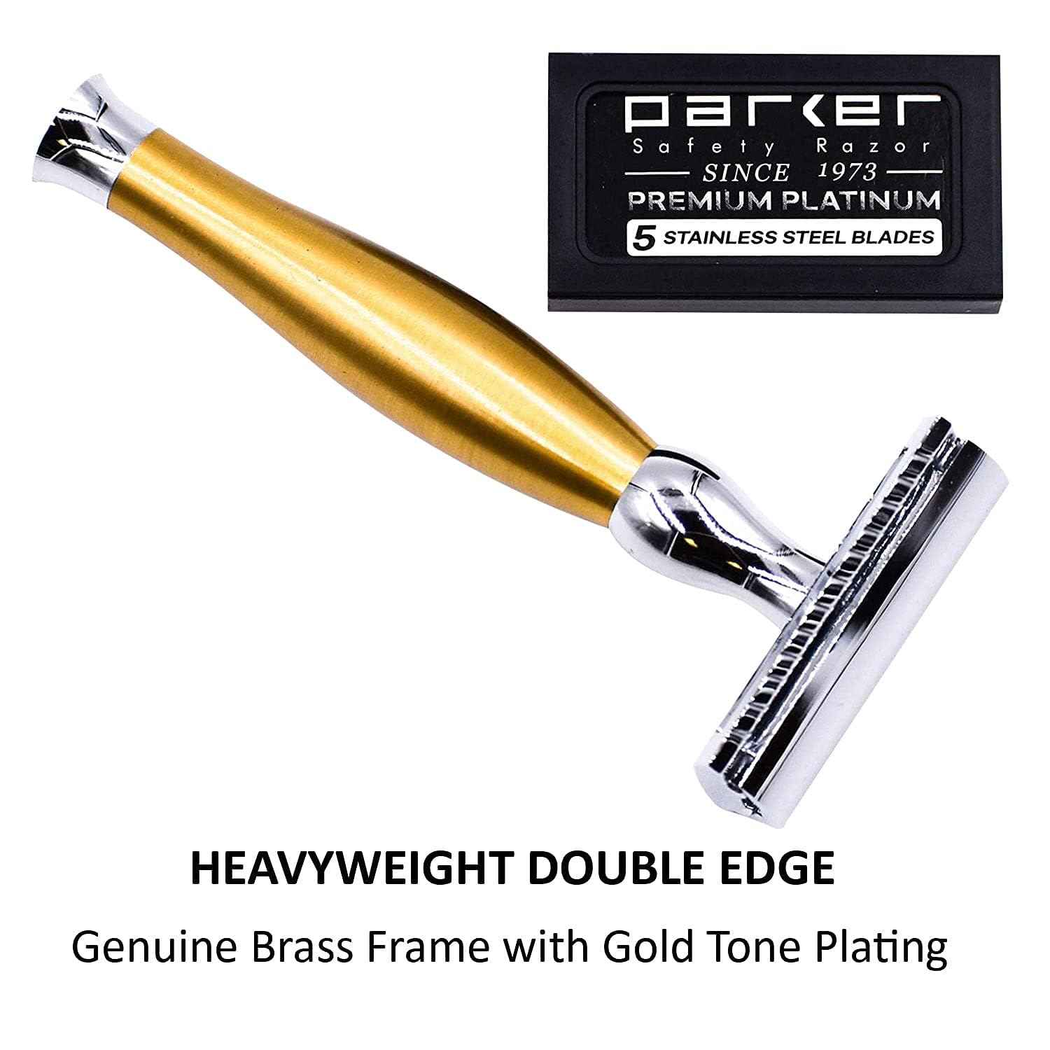 Parker 48R Heavyweight 3-Piece Double Edge Razor – Matte Gold Finish with 5 Premium Platinum Double Edge Razor Blades - Delivers a Barber Shop Quality Shave