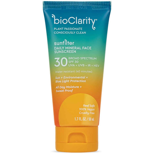 bioClarity SunFilter SPF 30 Mineral Sunscreen Face Lotion | Vegan & Reef Safe (Non-Nano 100% Mineral Zinc Oxide) | Water Resistant & Sweat-Proof