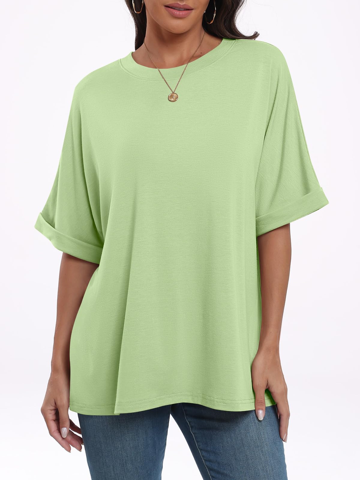 ANRABESS Women's Oversized T Shirts Short Sleeve Crewneck Summer Tops Casual Loose Basic Tee Shirts 2024 Trendy Clothes Light Green Small