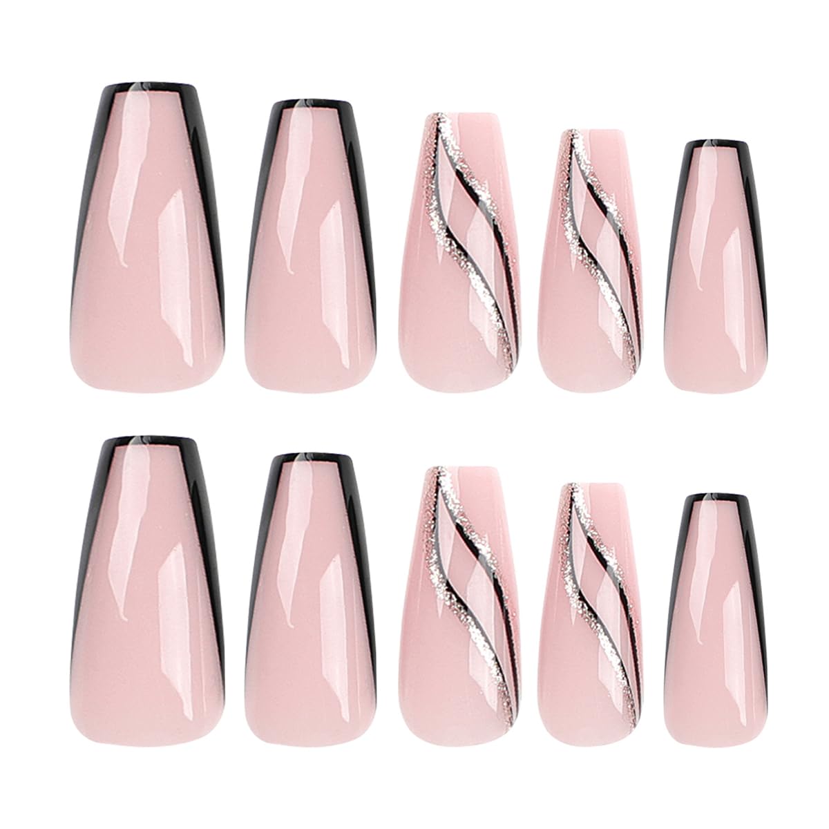 French Tip Press on Nails Long Square Fake Nails Light Pink Acrylic Nails Glitter Gold Lines Design Coffin Nails Tips Full Cover False Nails Artificial Glossy Glue on Nails for Women Nail Decorations