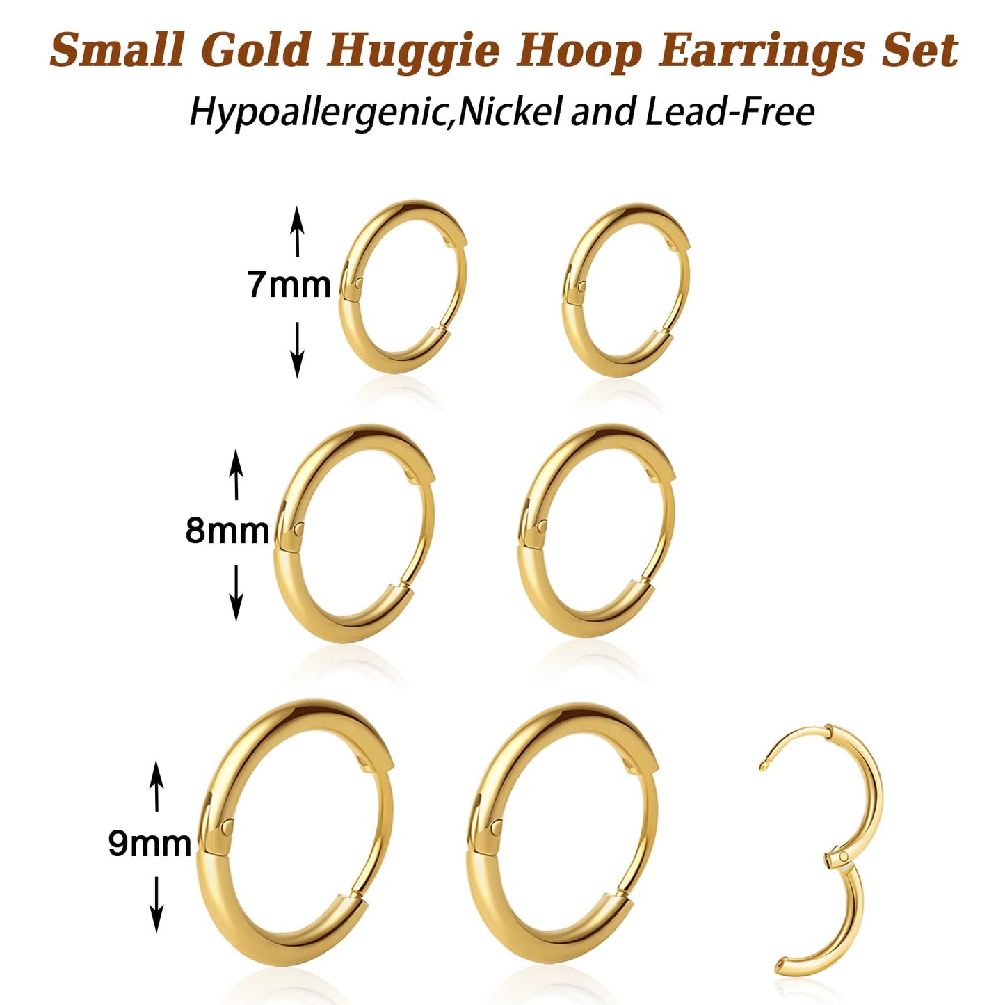 Small Hoop Earrings for Women, Dainty 14K Gold Plated Huggie Hoop Earrings Hypoallergenic Lightweight Cartilage Earrings Set for Multiple Piercings for Sensitive (8mm Gold)