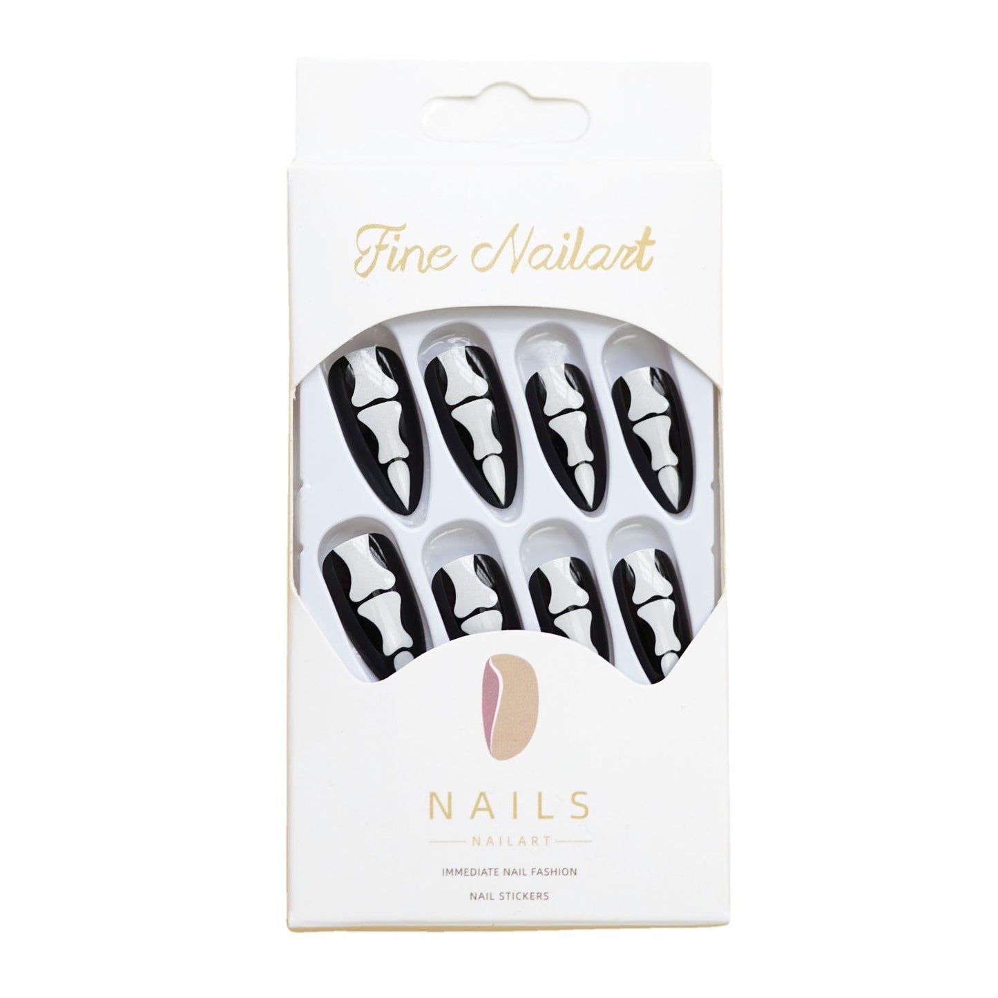 Wsiliana Handmade Press on Nails Long Medium Acrylic Fake Nails Full Cover Charm Fake Nails 24pcs Festive Flase Nail Set (01-Bones)