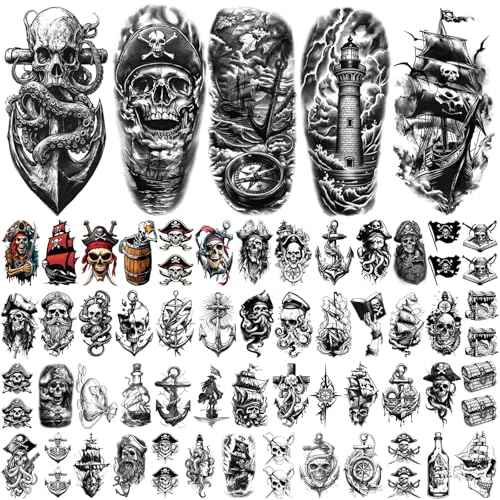 77 Sheets Pirate Temporary Tattoos Adult,Captain Anchor Compass Sailboat Tattoos, Pirate Ships Flag Skull Crossbones Sailor Fake Tattoo for Costume, Fake Arm Tattoos for Men Women Kids
