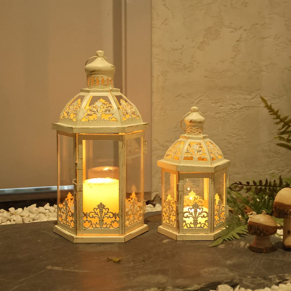 Lanterns Decorative Outdoor&Indoor, Set of 2 (15"&11") Beige Metal Lantern Decor with Glass, Candle Holder for Porch, Patio, Garden, Fall, Wedding, Christmas, Table Centerpiece