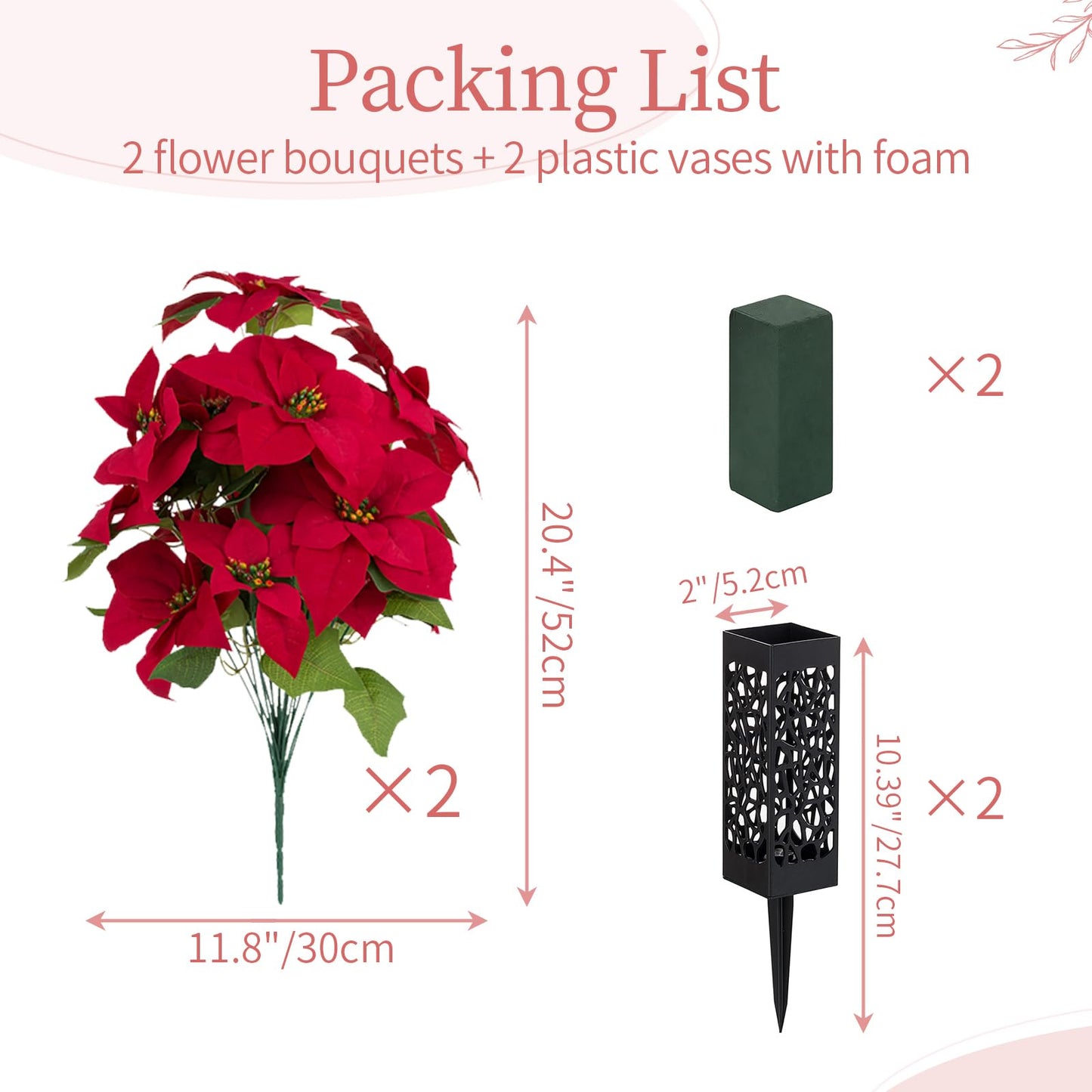 Memobloom Christmas Cemetery Flowers for Grave: 2 Pcs Artificial Red Poinsettias Bouquets for Cemetery Decorations