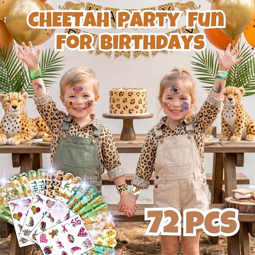 Cheetah Party Favors Bundle - 48 Tattoo Stickers & 24 Slap Bracelets