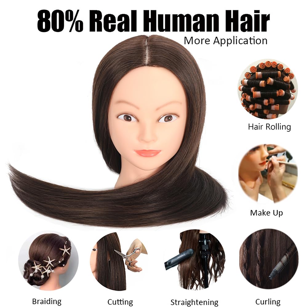 ZOMOI Mannequin Head with 80% Real Human Hair 26-28'' Cosmetology Mannequin Doll Head for Styling Practice on Braiding Head (4#Dark Brown)