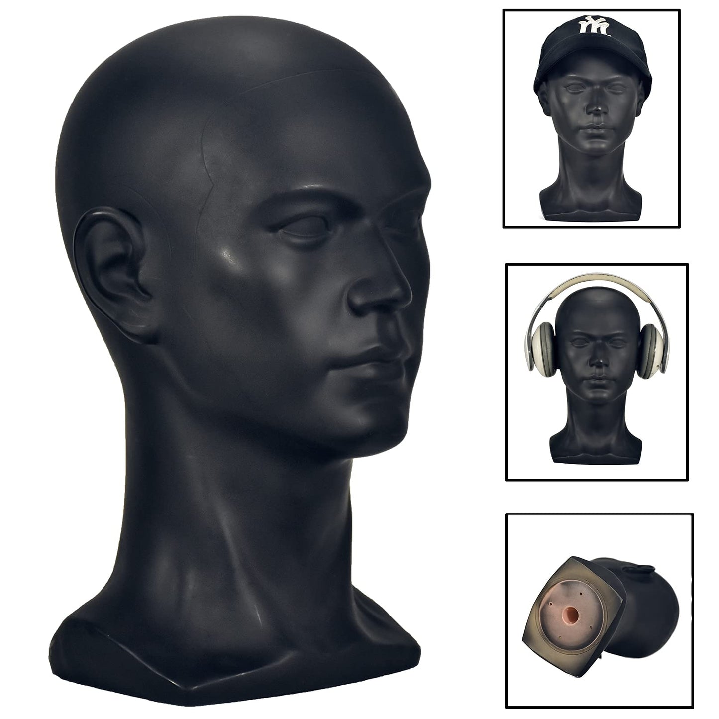 FanLin Male Mannequin Head Professional Manikin Head for Display Wigs Hats Headphone Mask Sunglasses Jewelry and Scravat Display Stand (Matte-Black)