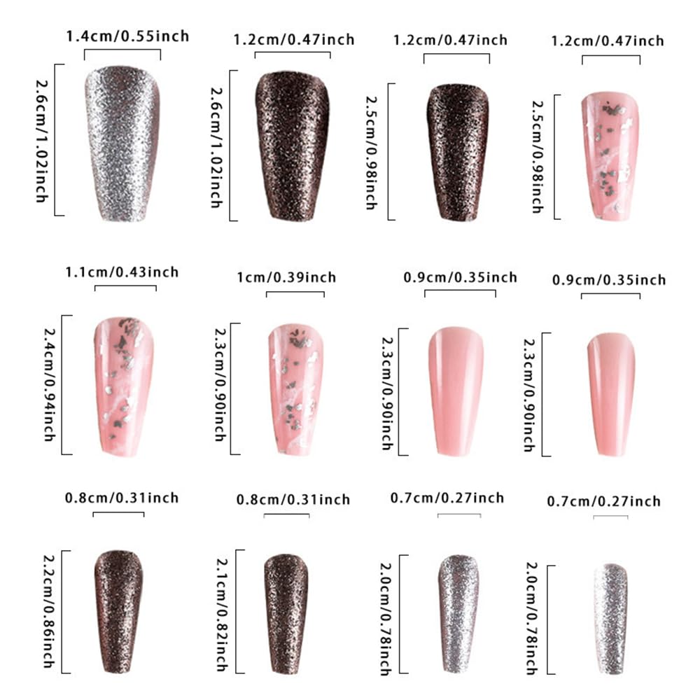 Sparkly Shiny Long Coffin Press On False Nails Medium Length Full Cover Acrylic Fake Nails Ballerina Nails for Women Lady Fashion Nails for Nail Salons and Home DIY Nail Art 24PCS (BKS2137 Mixed Pink)