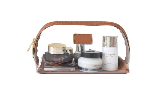 CONLINGDA Clear Makeup Bag, Leather Makeup Case, Travel Toiletry Bag, Portable Cosmetic Bag, Transparent Waterproof Cosmetic Organizer Storage Bag (Brown, Large)