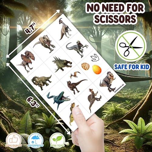 96PCS Dinosaur 3D Pre-Cut Temporary Tattoos - Stickers for Birthday Party Supplies, Decorations, and Favors - Super Cute Gifts for Kids, Boys & Girls, Classroom Prizes, and Themed (Normal)