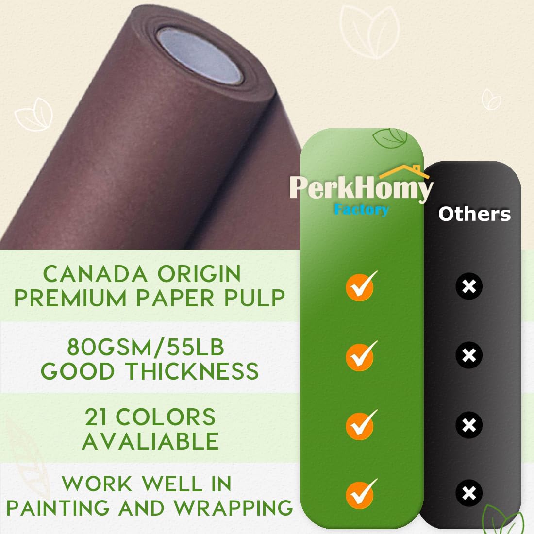 PerkHomy Coffee Kraft Paper Roll 17.5" x 960" (80') for Gift Wrapping Bouquet Flower Kids Art Painting Craft Writing Packaging Shipping 80GSM 55LB (Coffee, 17.5" x 80')