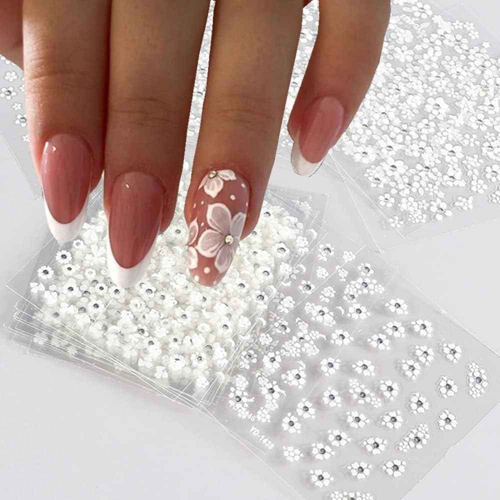 White Flower Nail Art Stickers White Flower with Rhinestones Nail Decals 3D Self Adhesive Nail Stickers Nail Art Designs Flowers Sticker for Nails Decorations 30 Sheets