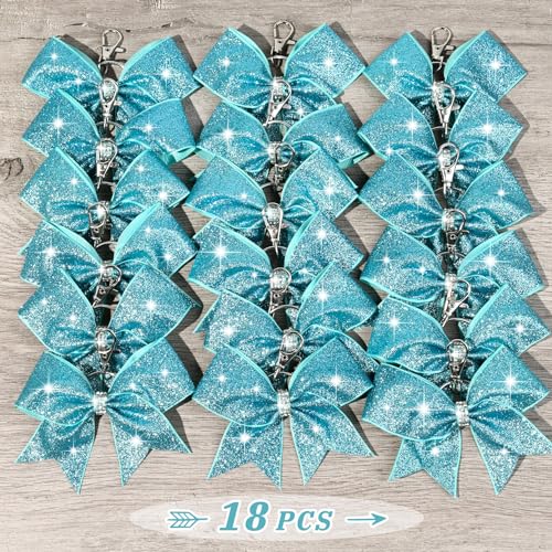 18PCS Cheer Bow Keychain Glitter Bow Keychain Hair Bow for Girls Rhinestones Sequin Bow School Senior Cheer Bow Accessories for Teen Softball football Cheerleader (Glitter Lake Blue)