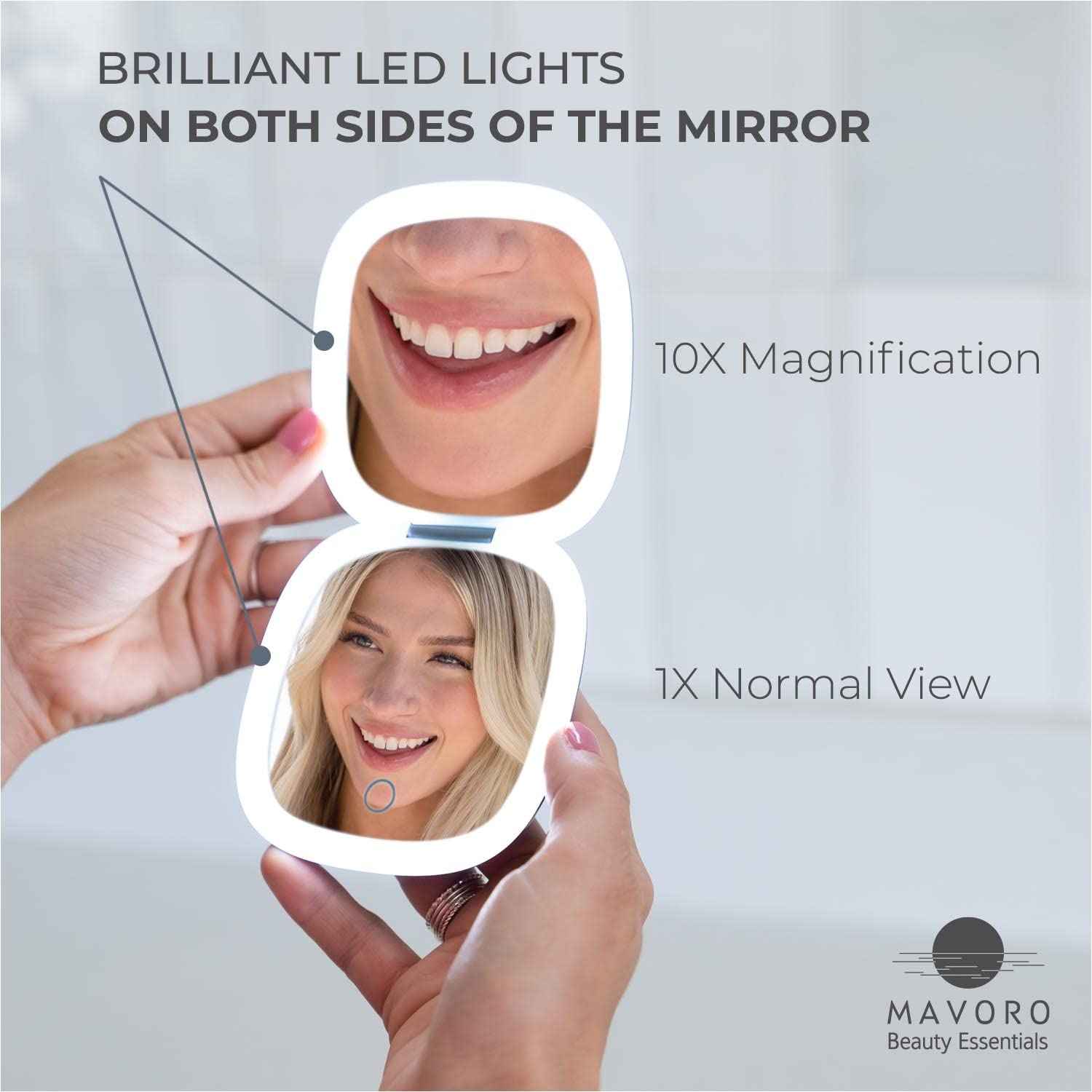 Mavoro LED Lighted Travel Makeup Mirror, Rechargeable, 1x/10x Magnification (Graphite Grey)