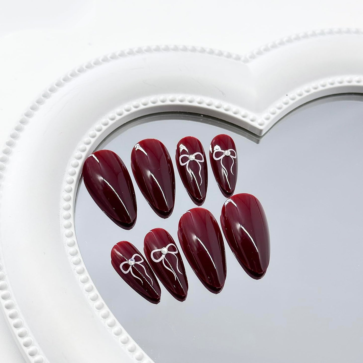 Wine Red Press on Nails Medium Almond Valentines Fake Nails Full Cover White Bow False Nails with Designs Glossy Glue on Nails Cute Acrylic Nails Manicure Artificial Nails for Women Girls 24Pcs