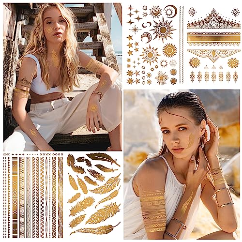 Gold Temporary Tattoos - 9 Sheets, 110+ Metallic Designs