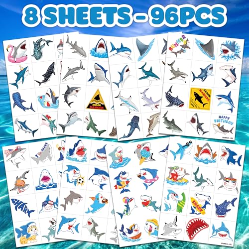 96 PCS Shark Temporary Tattoos for Kids - Party Favors