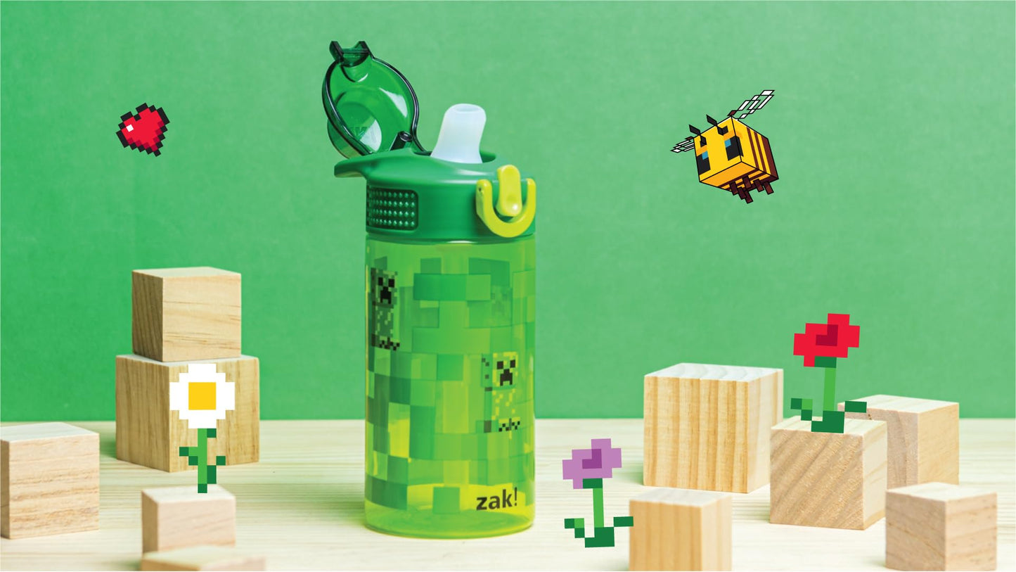 Zak Designs Sage Minecraft Kids Water Bottle For School or Travel, 16oz Durable Plastic Water Bottle With Straw, Handle, and Leak-Proof, Pop-Up Spout Cover (Creeper)