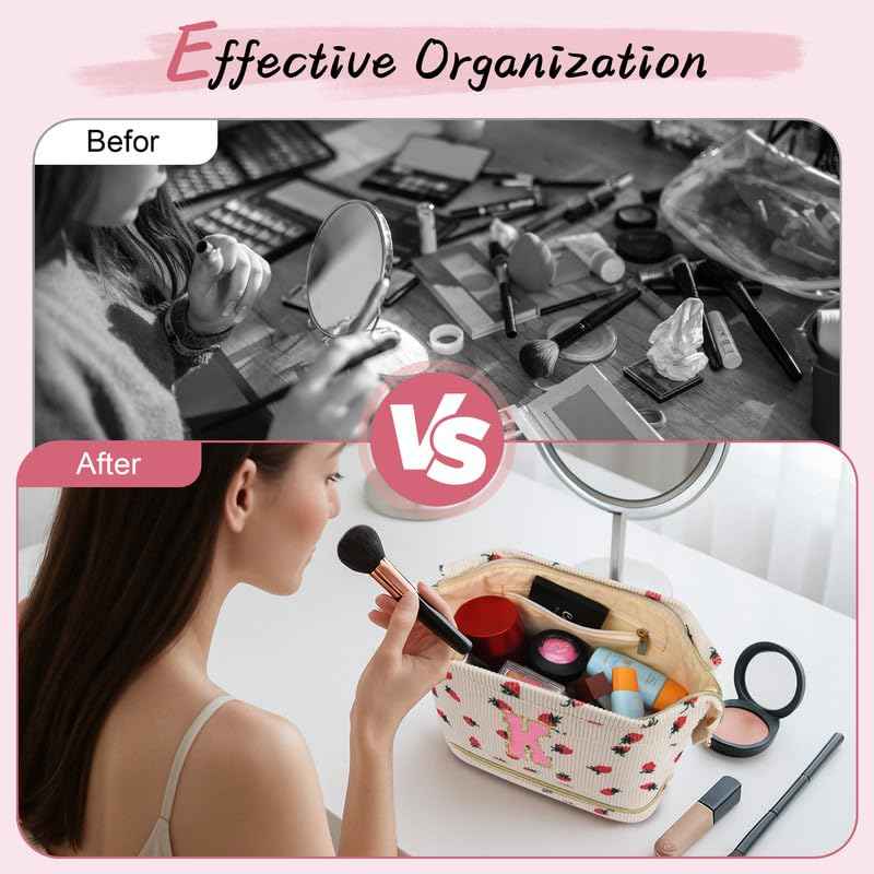 DTBG Personalized Initial Makeup Bag,Strawberry Quilted Makeup bag Christmas Gifts for Girls,Double Layer Travel cosmetic Bag with Make up Brush Organizer,Cute Travel Toiletry Pouch-M