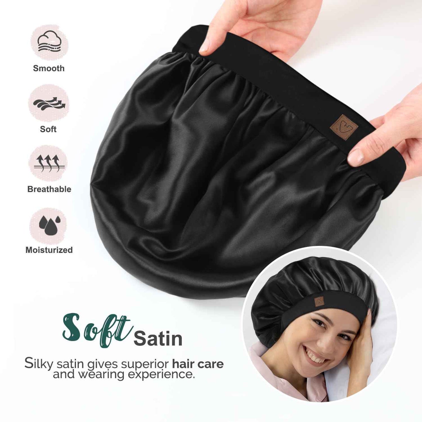 Hat Hut Satin Bonnet Silk Bonnet Sleep Cap for Women Hair Bonnet for Curly Natural Hair Sleeping Adjustable Wide Band Double Layer (Black)