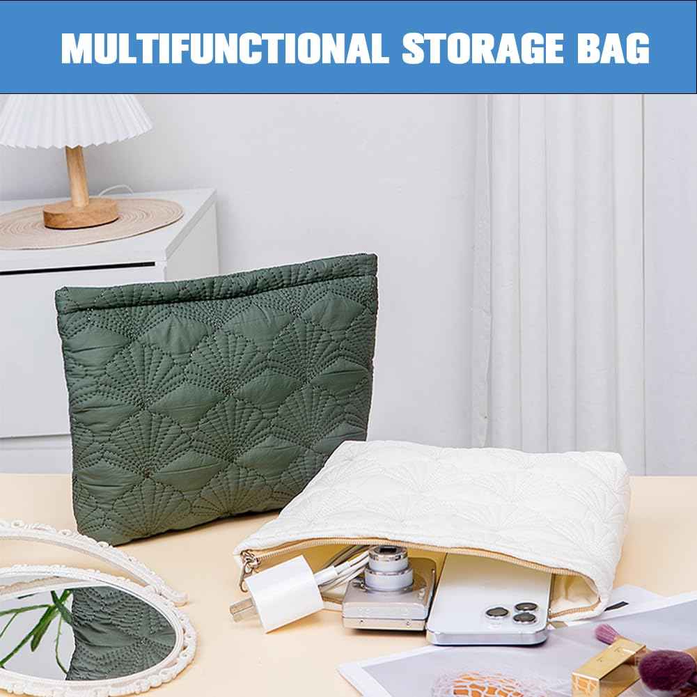 FITINI Makeup Bag Travel Large Portable Quilted Floral Print Cosmetic Organizer Cute Pouch for Women Soft Cotton Zipper Waterproof Toiletry Storage Bags,White Shell