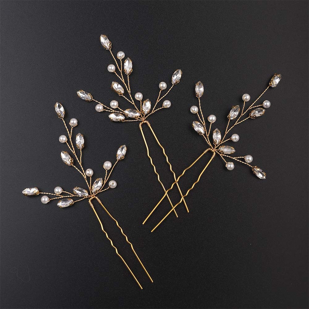 Aimimier Bridal Wedding Hair Pins Gold Crystal Hair Piece Pearl Bobby Pins Rhinestone Bridesmaids Hair Pin Wedding Hair Pins Hair Accessories for Women and Bride (Gold)