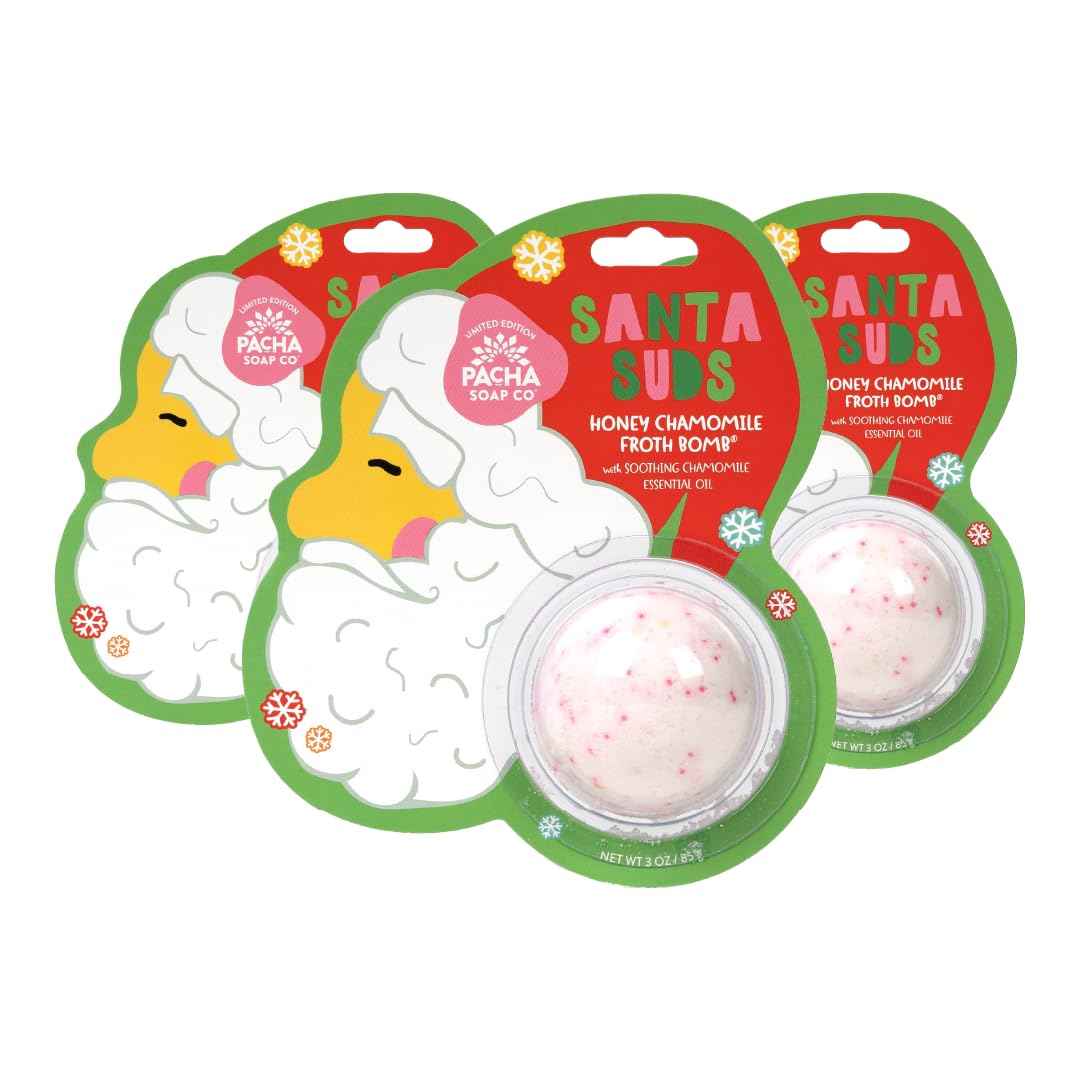 PACHA SOAP Co. Holiday Bath Bomb Card 3 Pack, Santa Suds - Scents of Honey Chamomile, Moisturizing, Naturally Derived & Handcrafted in The USA, Christmas Stocking Stuffer