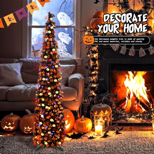 Black Halloween Tree with Light, 5Ft Pop Up Artificial Pencil Tree with Orange Pumpkin, Halloween Decorations Tree for Home Office Party Fireplace Holiday Decor(Purple Orange)