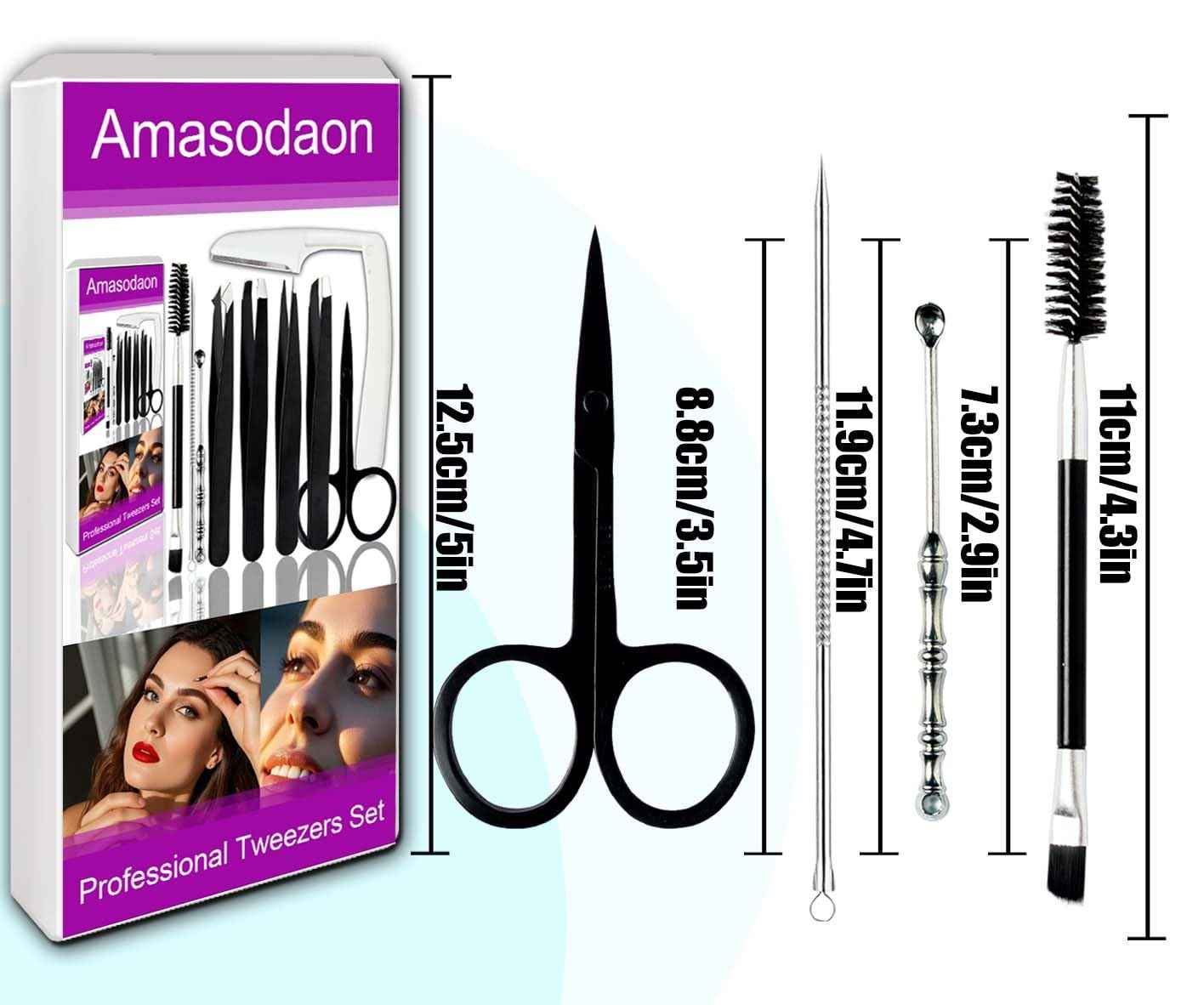 Amasodaon Tweezers Set [9+1 PCS] - Professional Stainless Steel Tweezers for Eyebrows – High-Precision Beauty Tools for Eyebrows, Facial Hair, Splinter & Ingrown Hair Removal