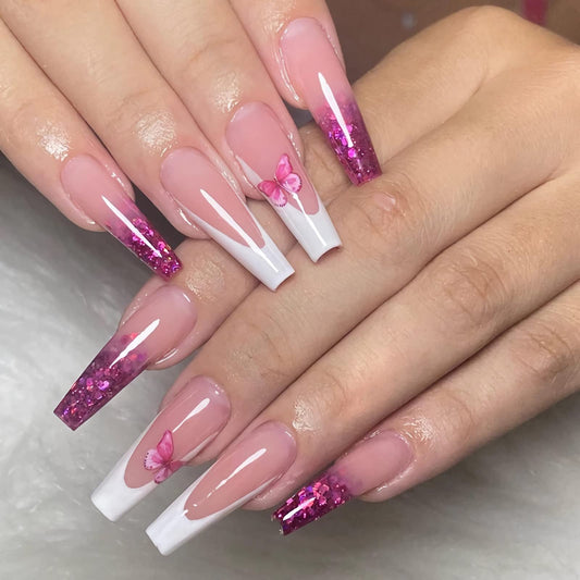 BABALAL Coffin Press on Nails Long Fake Nails Pink Butterfly Glue on Nails White French Shiny Ballerina Acrylic Nails Press on