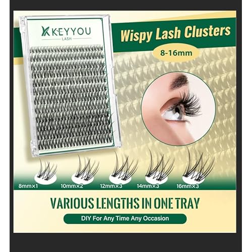 KEYYOULASH Lash Clusters Manga Lash Extension C Curl 144pcs 8-18mm Wispy Eyelash Clusters Natural Volume Eyelash Extensions Individual Lashes DIY at Home(KY05,D-8-16MIX)