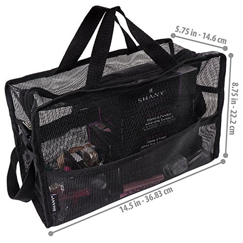 SHANY Collapsible Makeup Tools Travel Mesh Bag ? Large See-Thru Travel Tote with Shoulder Straps ? Water-Resistant with Zippered Pockets ? Black