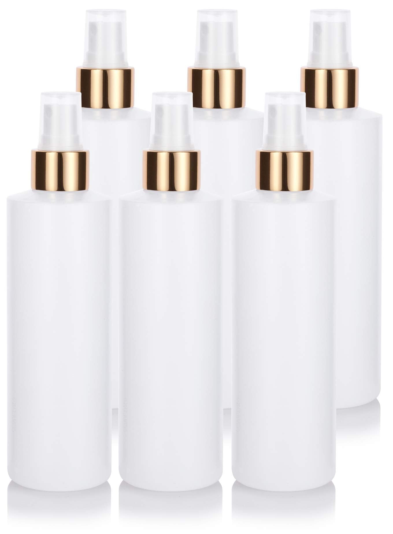 JUVITUS 8 oz Clear Natural Refillable Plastic Squeeze Bottle with Gold Metal Fine Mist Sprayer - (6 Pack)