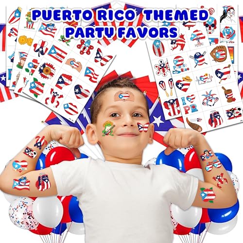 96 PCS Puerto Rico PR Puerto Rican Flag Pre-Cut Temporary Tattoos for Kids | Super Cute Themed Birthday Party Favors, Supplies, Decorations, Fake Tattoo Stickers (multiple)