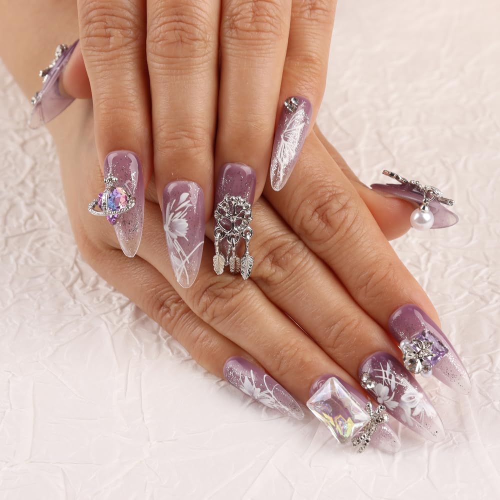 Sumumtor 3D Extra Long Purple Diamond Tips Acrylic Press On Nails,Handmade Salon False Nails with Design Nail Art Gifts for Women and Girls,Reusable Stick On Nails 10Pcs,Size M